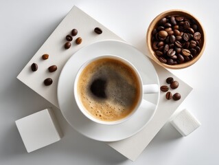 Fototapeta premium Aromatic coffee cup sits led on geometric shapes with scattered beans in a minimalistic white setting.