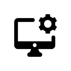 Black computer monitor icon with a gear wheel on the top right corner representing settings and configuration