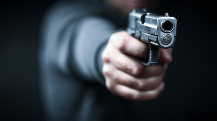 Close up view of a man aiming gun directly at the camera