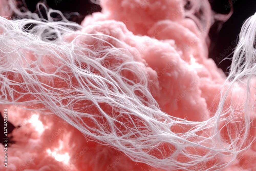 Poster Colorful wispy fibers blend amidst a soft pink cloud creating a surreal atmosphere in an artistic display