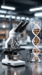 Fototapeta premium Focus on a detailed microscope alongside a DNA helix in a contemporary lab setting, illustrating advanced scientific investigation and genetic studies.