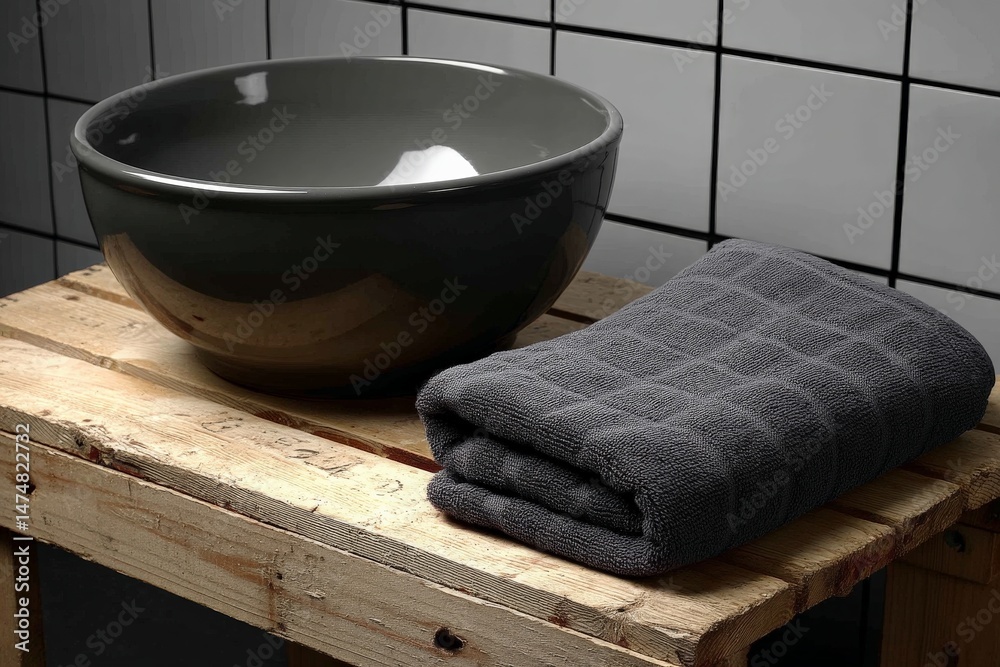 Poster modern bathroom setup featuring a stylish bowl and neatly folded towel on a wooden crate in a chic e
