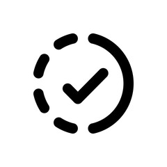 Black check mark inside a circle composed of a solid arc and dashed arc on a white background icon