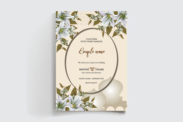 WEDDING INVITATION FRAME WITH FLOWER DECORATIONS AND FRESH LEAVES