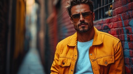 Fototapeta premium A trendy man in casual streetwear, wearing a bomber jacket and sneakers, posing against a graffiti-covered urban wall