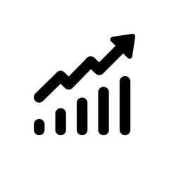 Black upward trending arrow above a bar graph showing growth and progress on a plain white background design