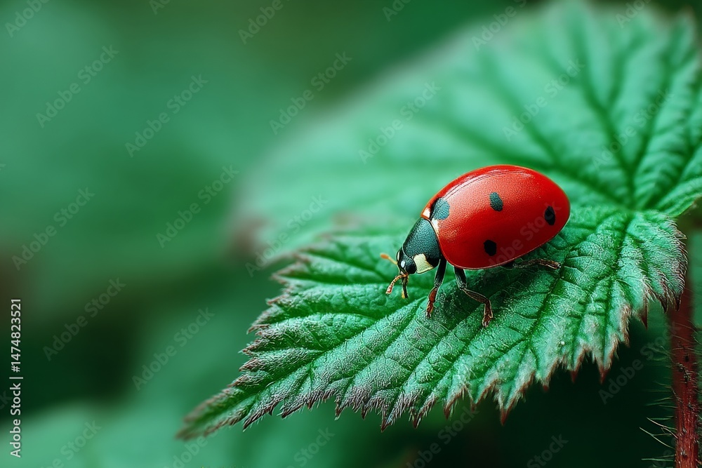 Poster red ladybug resting on a green leaf in a lush garden setting during the sunny afternoon