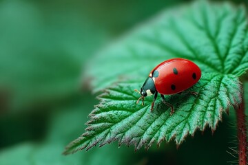 Obraz premium Red ladybug resting on a green leaf in a lush garden setting during the sunny afternoon