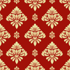 Damask seamless pattern with golden flowers and Red background, luxury style, vintage design, vector illustration elegant for textile, wall paper, curtains, cushion cover, rug, upholstery fabric