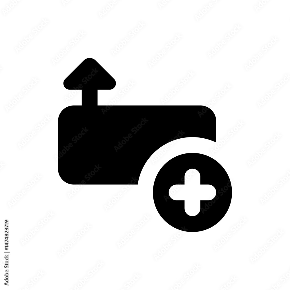 Poster black folder with upward arrow and plus sign inside circle for add or upload functionality icon
