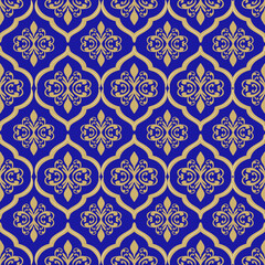 Damask seamless pattern with gold floral pattern and geometric, blue background, vector illustration elegant for textile, wall paper, curtains, cushion cover, rug, scarf, vintage design, luxury style