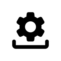 Black gear icon with a white circle in the center positioned above a horizontal line shape element