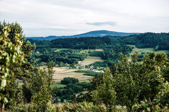 Fototapeta Scenic rural valley with cultivated fields, scattered houses, and tree-lined hills viewed from an elevated meadow. Countryside holidays, agritourism destinations, rural immersion, landscape serenity..