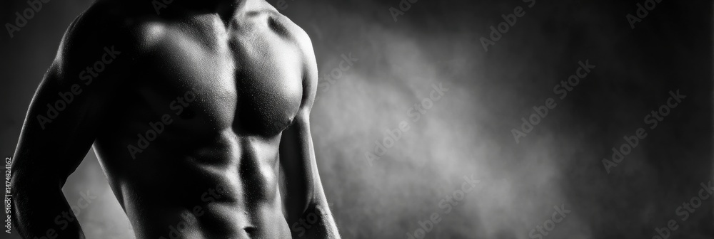 Poster Toned Torso Illuminated With Soft Highlights on the Left Side Against a Dark Background