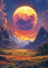 Giant moonrise over autumnal valley, fantasy landscape