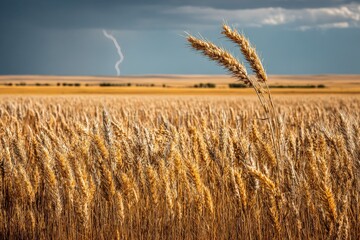 Wheat field under a stormy sky with lightning in the background during late afternoon