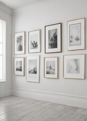 Elegant gallery wall mockup  White wall, diverse frames ,  wall art,  design