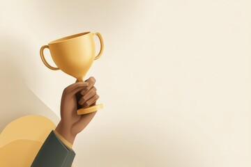 A hand holding a golden trophy against a cream background.