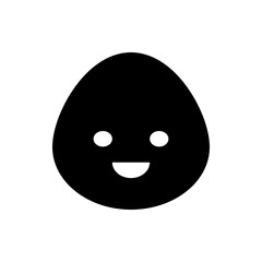 A simple black egg shaped character with two white circle eyes and a curved smile on a white background