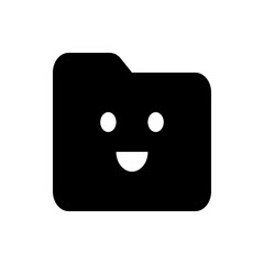 A simple black folder icon with a smiling face composed of circles and a curved line on a white background