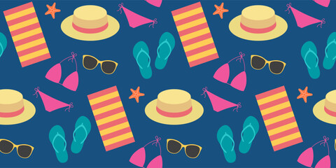 Seamless pattern with summer beach accessories. Vector illustration.