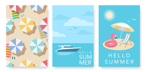 Fototapeta premium Set of summer banners with beach elements. Vector illustration in flat style with sea, beach, sun, inflatable flamingo and umbrella beach chair on the beach, yacht in the sea. 