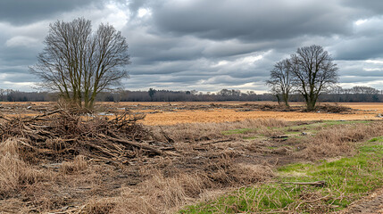 Barren trees stand tall over debris field under cloudy sky