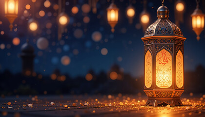 Obraz premium Illuminated lantern with intricate design standing against a blurred backdrop