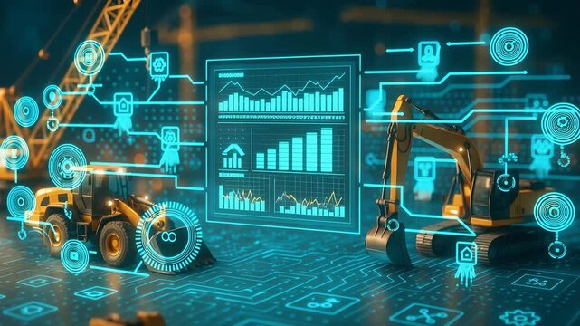 Smart Construction Site with Holographic Dashboard, Vehicles and Digital Workflow Icons Representing Industrial Automation

