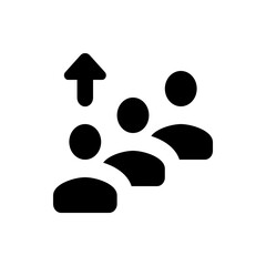 Three people icons in a row with an upward arrow indicating growth or progression in black color 100