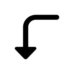 A simple black arrow turning right then pointing down against a white background in a minimalist style
