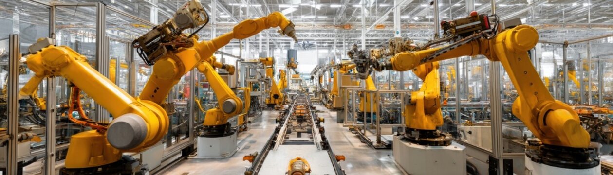 An automated production line with multiple robotic arms assembling parts simultaneously