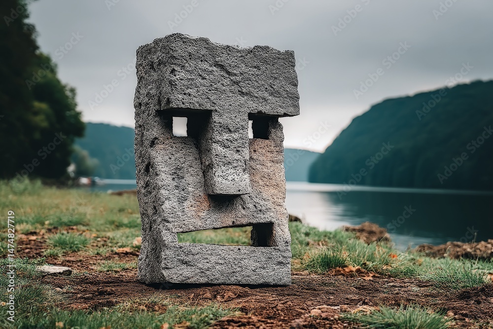 Poster unique stone sculpture resembling a face beside a calm river surrounded by hills on an overcast day