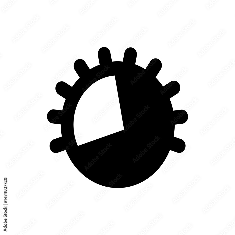 Poster black gear with rounded teeth showing a white pie chart segment representing progress or completion 