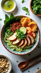 Vibrant Bowl of Jade Noodles with Chicken and Shrimp
