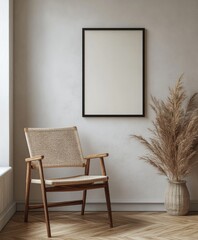 Simple, neutral-toned room interior with a framed poster, woven chair, and dried grass