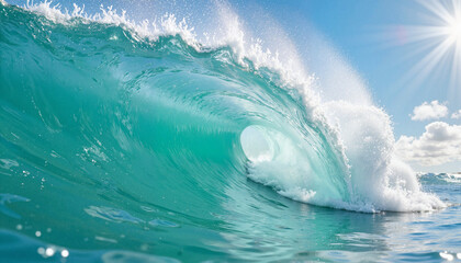 Wave crashing against the ocean under a bright sky  
