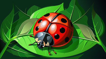Fototapeta premium A close-up photo of a red and black ladybug on a green leaf with a dark background
