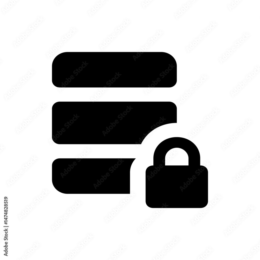 Poster illustration of a secure database with a padlock overlaying the stacked data storage icon in black c