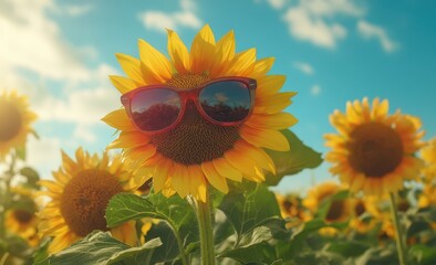 Sunflowers wear sunglasses; natural background of a sunflower field, blue sky.