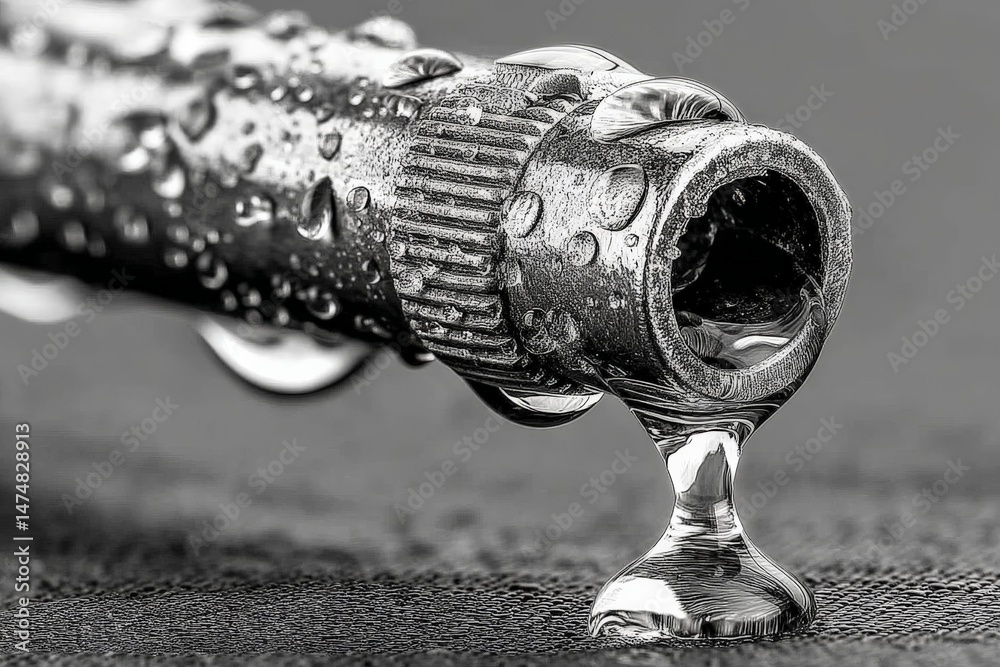 Poster Close-up view of a metallic nozzle dripping water with droplets on a textured surface