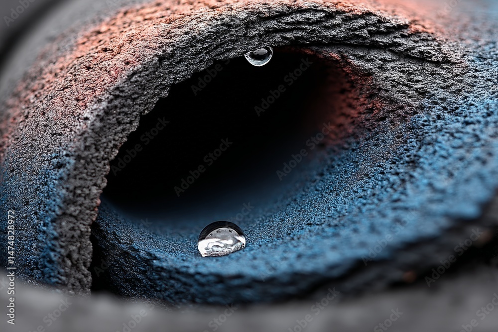 Aufkleber Close-up view of water droplets resting on textured surface with colorful pattern in natural light