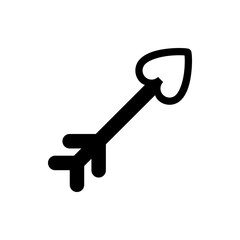 An illustration of a black cupid arrow with a heart shaped head pointing upwards on a white background