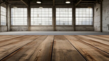 Rustic Wooden Tabletop in a Spacious Industrial Loft Setting