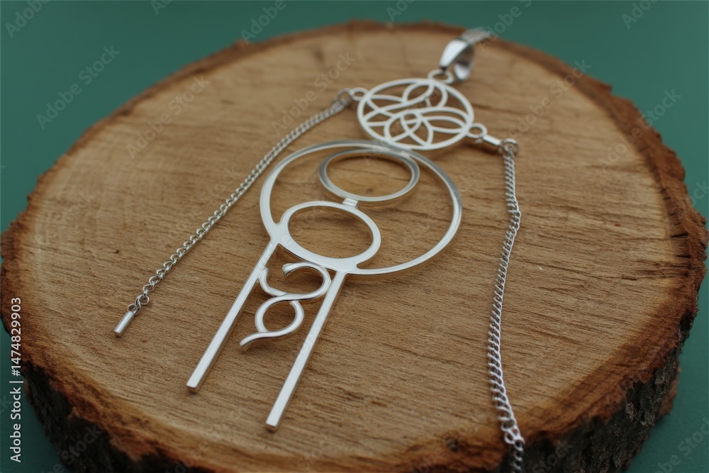 Poster modern silver pendant displayed on a wooden slice highlighting intricate design elements and craftsm