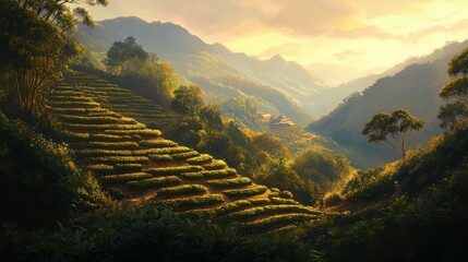 Serene Landscape of Rolling Tea Fields at Sunset in Mountain Region