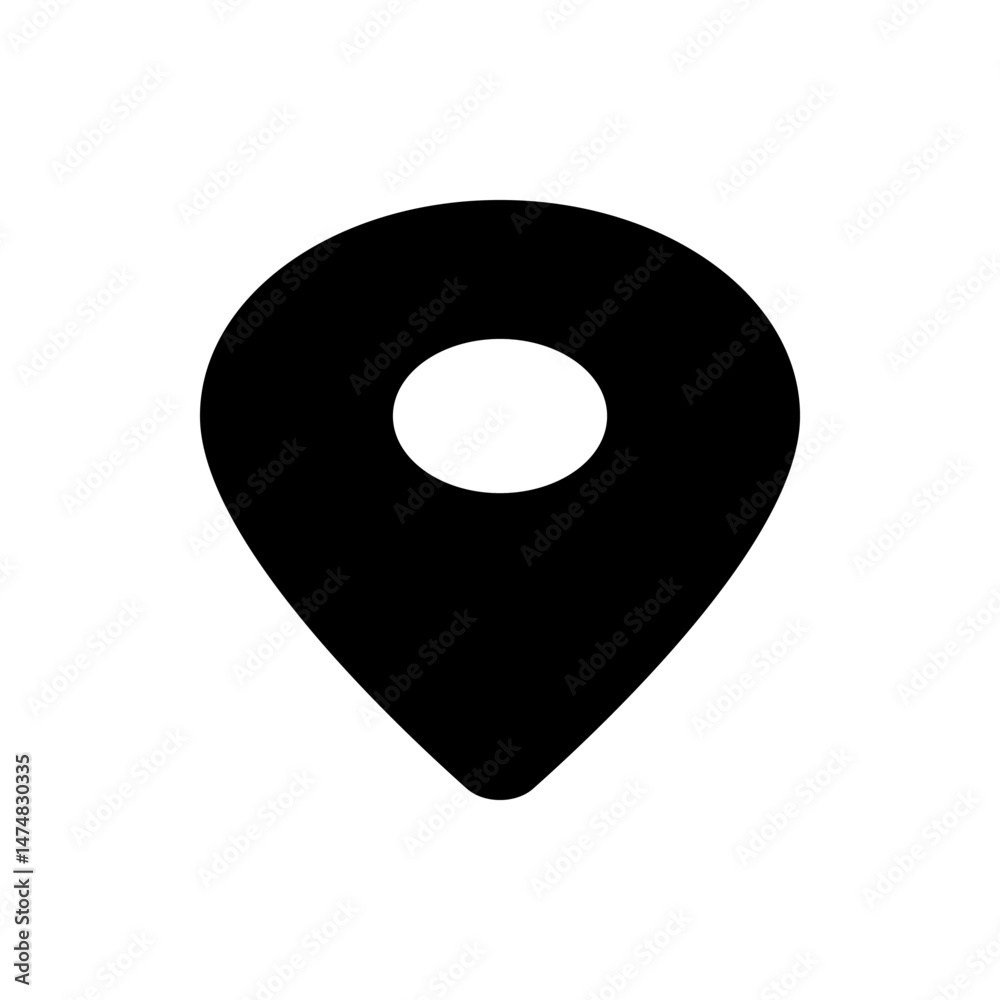 Poster a simple black location pin icon with a circular cutout, representing a marker on a map or a specifi