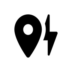 Black location pin with a white circle inside and a lightning bolt symbol on the right side icon design