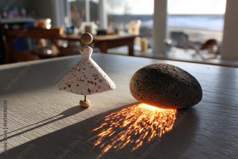 Poster Creative display of a decorative figure and a stone in sunlight by the beach during late afternoon