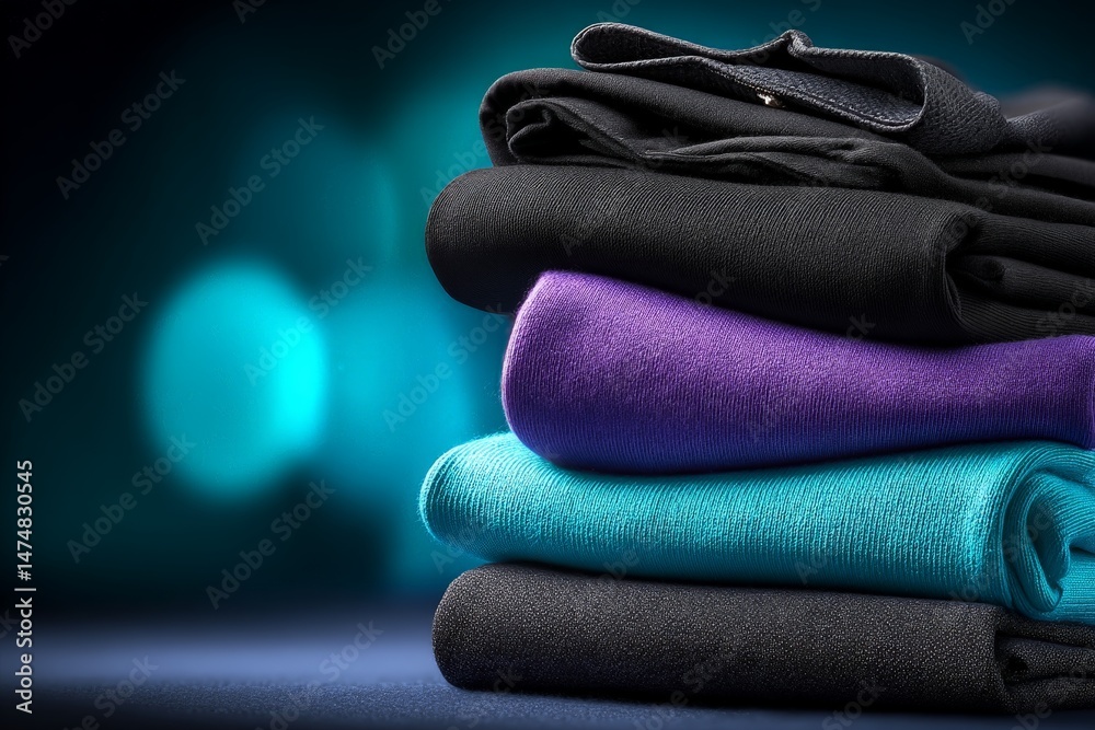 Aufkleber Colorful folded clothes stack displayed on a smooth surface under soft lighting creates a serene atmosphere and highlights textile textures
